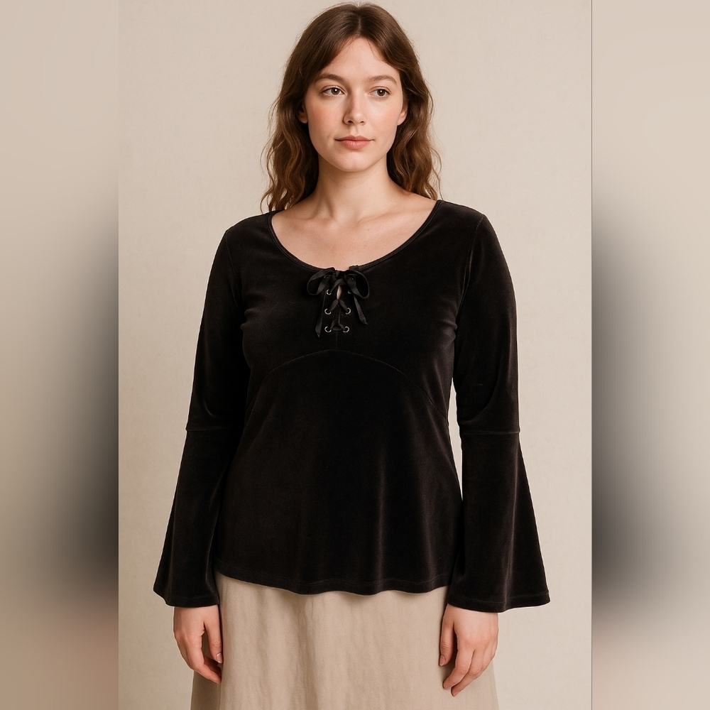 Vintage MKM Velour Whimsigoth‎ Witchy Bell Sleeve Corset Top, XL
